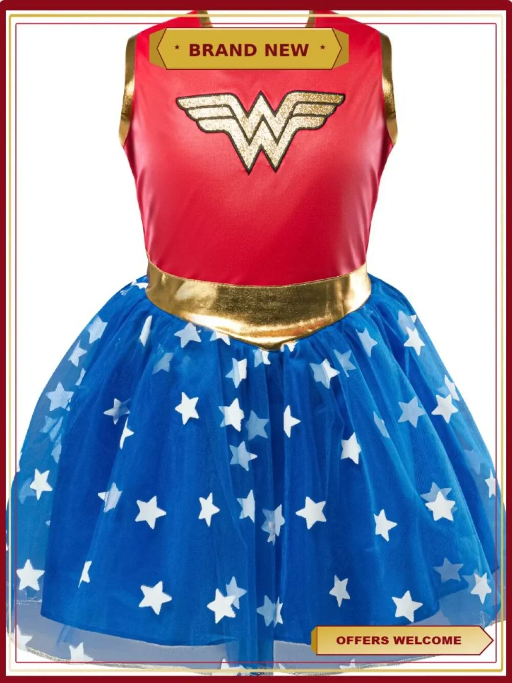 Wonder Woman Girls Costume Dress Cape Tutu Tiara Belt Gauntlets Size M 7/8
